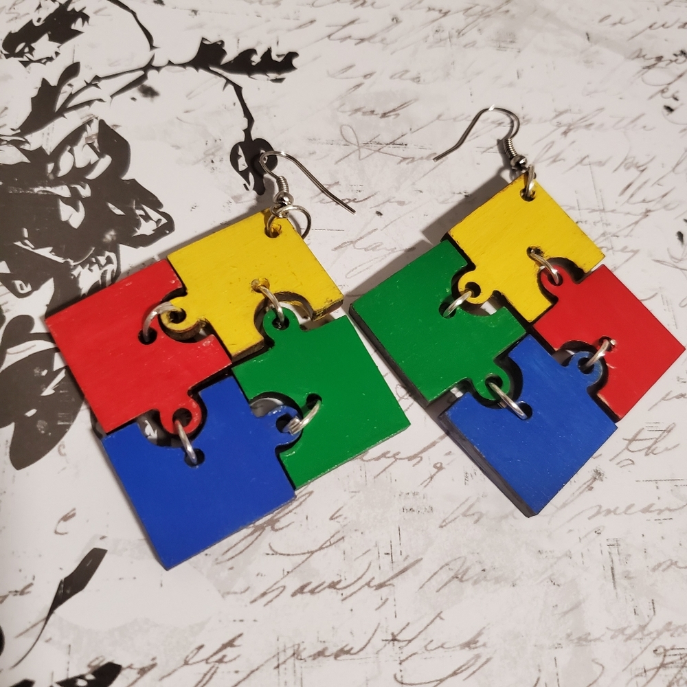 Hand Painted Wood Earrings Autism Awareness